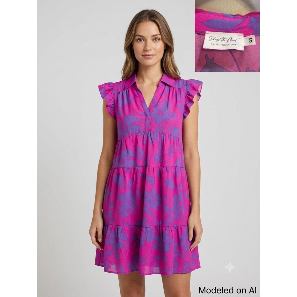 Women Pink Purple Floral Collared Cap Sleeve A-Line Babydoll Short Dress S